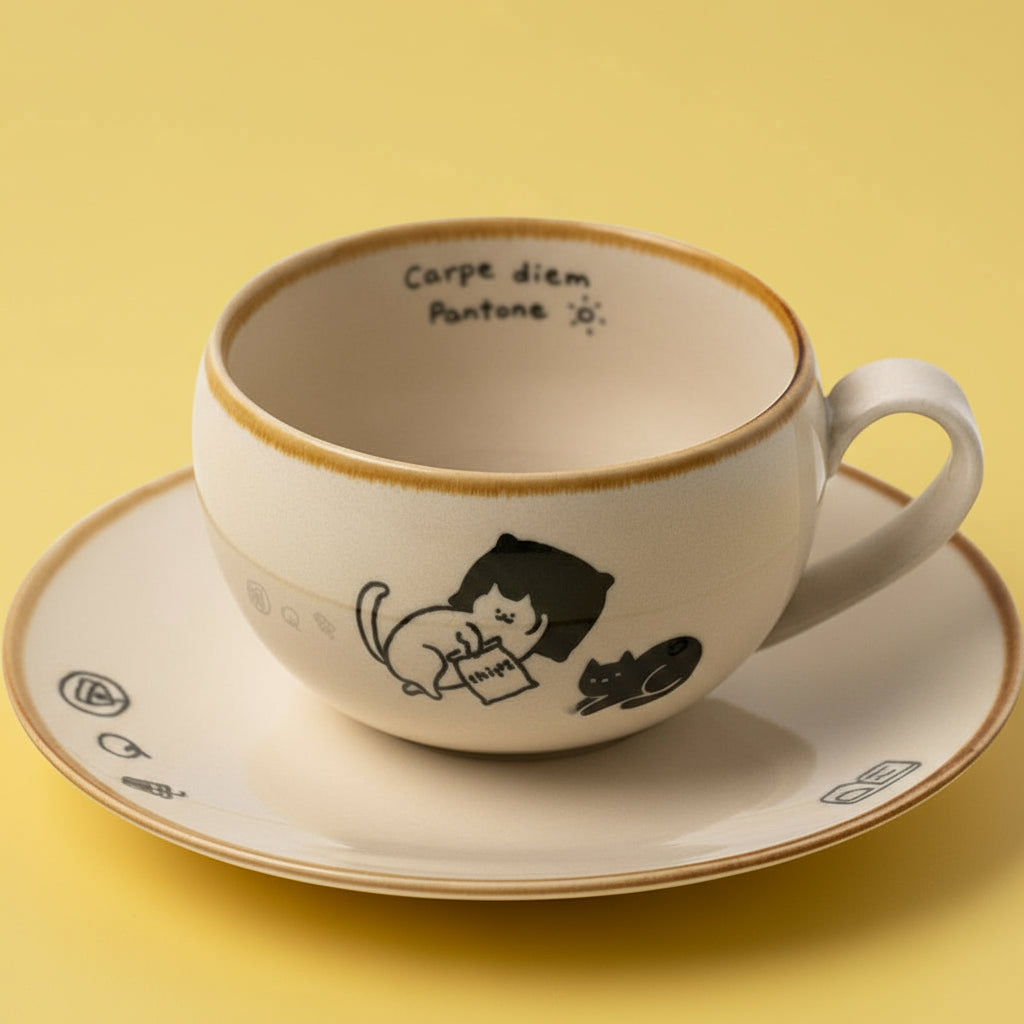 'Cats My Routine' Hand-Drawn Coffee Set