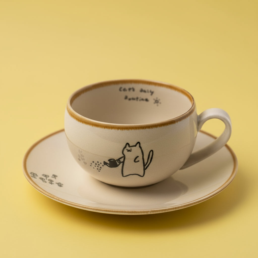 'Cats My Routine' Hand-Drawn Coffee Set