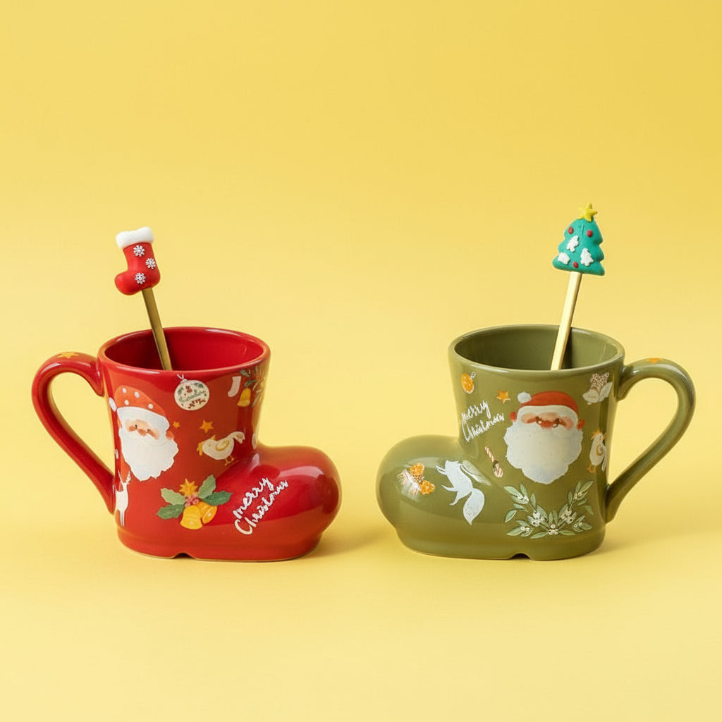 (Gift Box) 'Santa's Boot' Ceramic Christmas Mug Set