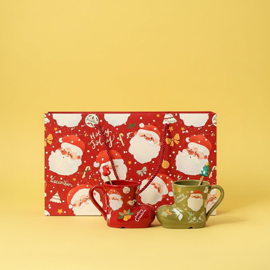 (Gift Box) 'Santa's Boot' Ceramic Christmas Mug Set