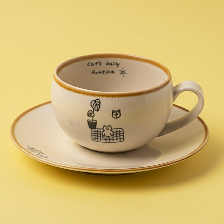 'Cats My Routine' Hand-Drawn Coffee Set