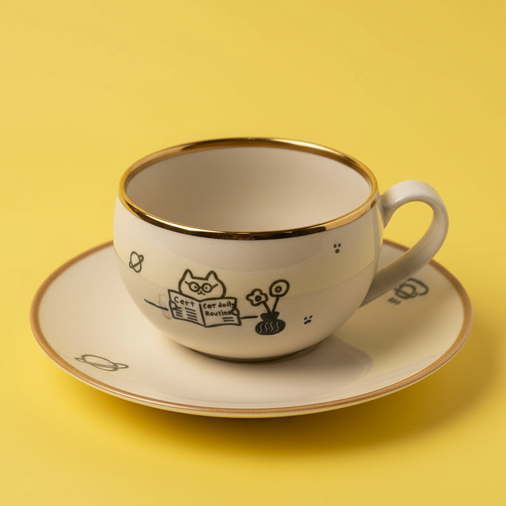 'Cats My Routine' Hand-Drawn Coffee Set